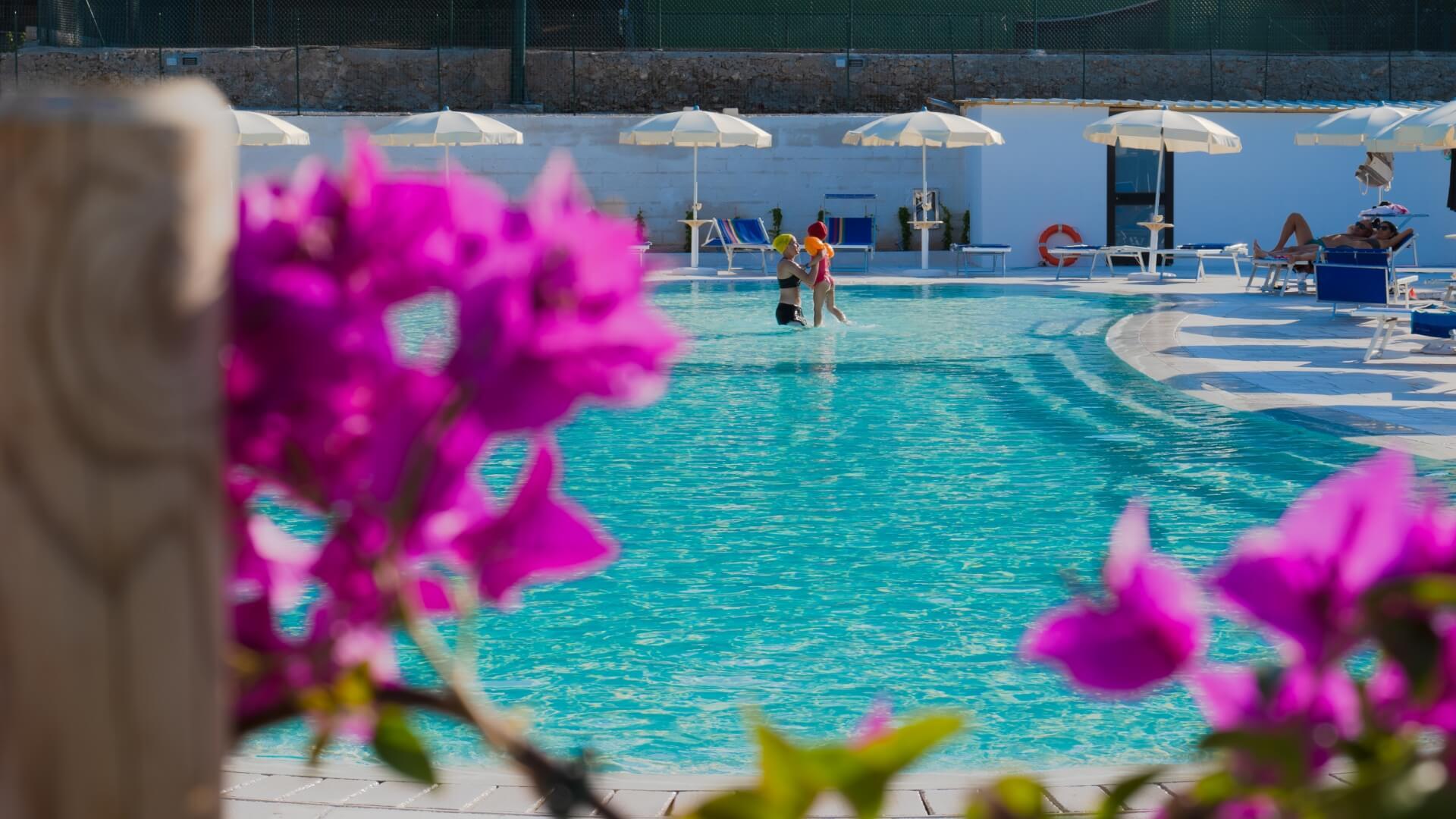 Piscina con ombrelloni bianchi, fiori viola in primo piano.